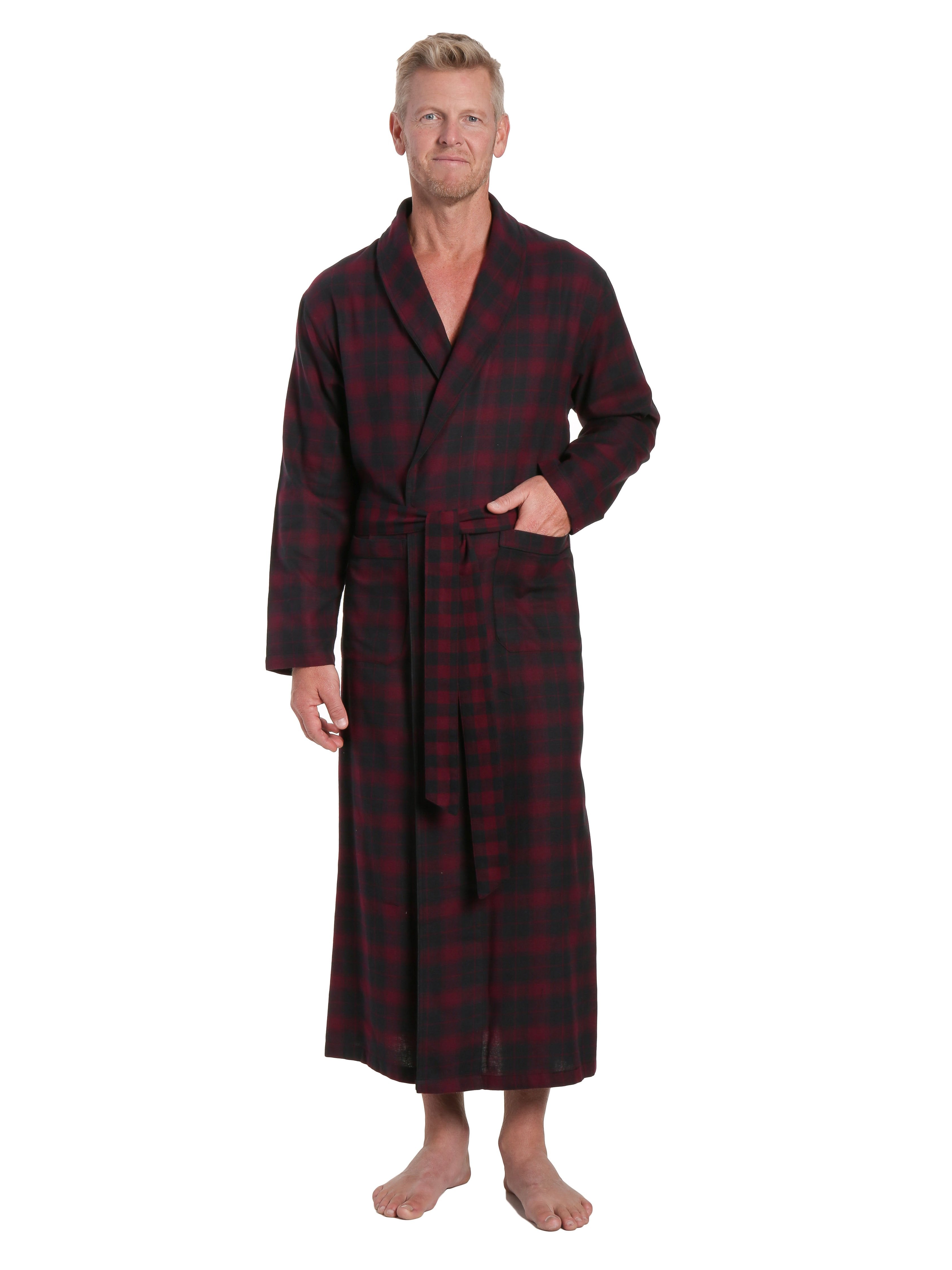 Men's 100% Cotton Flannel Long Robe - Plaid Fig-Black