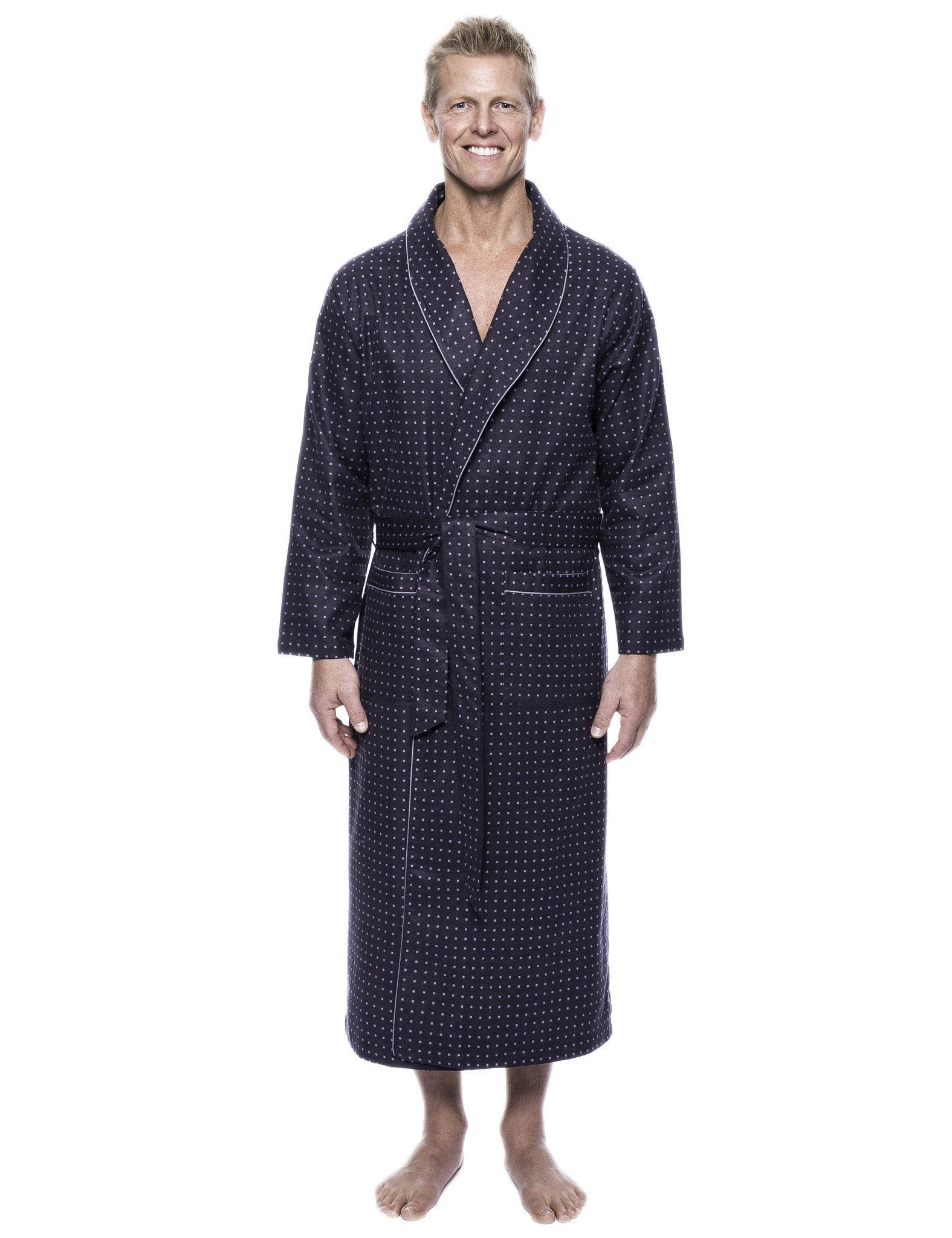Men's 100% Cotton Flannel Long Robe - Floating Squares Dark Grey