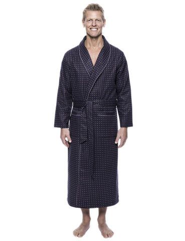 Men's 100% Cotton Flannel Long Robe - Floating Squares Dark Grey