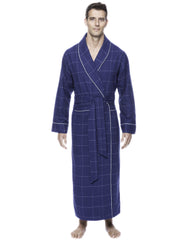 Box Packaged Men's Premium 100% Cotton Flannel Long Robe - Windowpane Checks Dark Blue