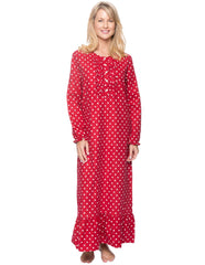 Women's Premium Flannel Long Gown - Dots Diva Red