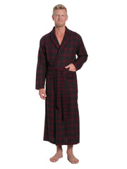 Men's 100% Cotton Flannel Long Robe - Plaid Fig-Black