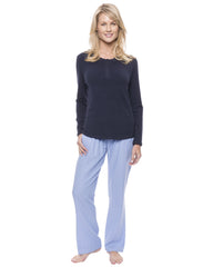 Womens Cotton Flannel Lounge Set with Henley Top - Herringbone Chambray Blue
